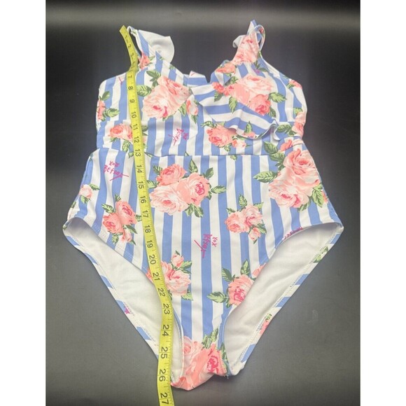 Betsey Johnson Pink Floral Blue Stripe Print Women’s One Piece Swimsuit Sz M - Picture 10 of 11